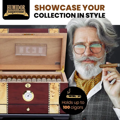 Miniatura 5 de Humidor Supreme Solana de escritorio para puros con cajón de accesorios, bandeja de cedro español y divisores Caja de almacenamiento para puros