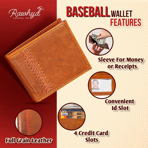 Miniatura 3 de Billetera de béisbol de cuero billeteras de cuero cosidas para hombre carteras de béisbol para hombre carteras plegables de cuero de grano completo