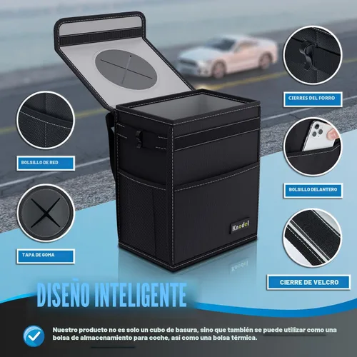 Miniatura 3 de Knodel - Papelera para coche, impermeable, con tapa, a prueba de fugas, bolsa de basura para coche, para colgar. Negro