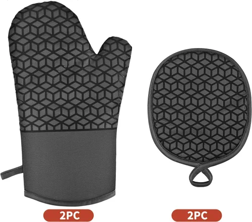 Miniatura 7 de Manoplas de horno y soportes para ollas, juego de guantes de horno resistentes al calor de 500 ℉, guantes de horno de silicona, agarre texturizado