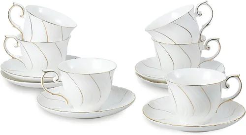 Agyiuns Juego de 6 tazas de té, taza de té y platillo, 6 onzas para té, café, latte, café moca, juego de fiesta de té de porcelana (blanco con hilo