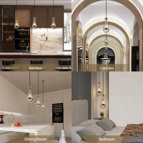 Miniatura 2 de Juego de 2 luces colgantes de gota de lluvia, lámparas colgantes para isla de cocina, lámpara de cristal sólido transparente con forma de gota