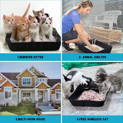 Miniatura 4 de Bokon Caja de arena desechable de 25 unidades para gatos, bandeja de arena desechable grande para viajes al hogar, cajas de arena de plástico Negro