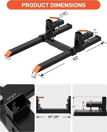 Miniatura 6 de Abrazadera de 2000 libras en horquillas para palets de 43 pulgadas de alta resistencia con barra estabilizadora ajustable para cargador