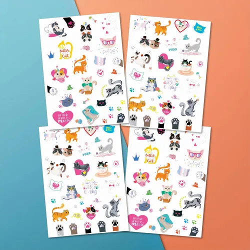 PapaKit Kitty Cats - Juego de tatuajes falsos temporales, 4 hojas de 64 estilos con lámina iridiscente metálica, recuerdos de fiesta, rellenos de