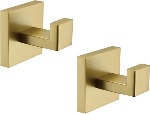 TASTOS Ganchos para Toallas de Baño Dorados Cepillados, Paquete de 2 Ganchos de Acero Inoxidable para Abrigatos y Ropa, Gancho de Pared Resistente