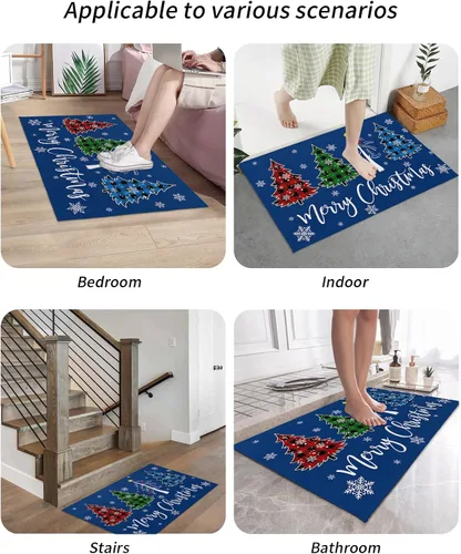 Miniatura 6 de Tapete para puerta delantera, a cuadros, árbol de Navidad, copo de nieve, azul, feliz Navidad, absorbente, resistente a la suciedad, tapetes