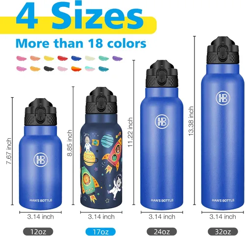 Miniatura 2 de Han's Bottle Botella de agua para niños con tapa con pajilla, vaso reutilizable de acero inoxidable aislado para niñas, niños, taza térmica, 17