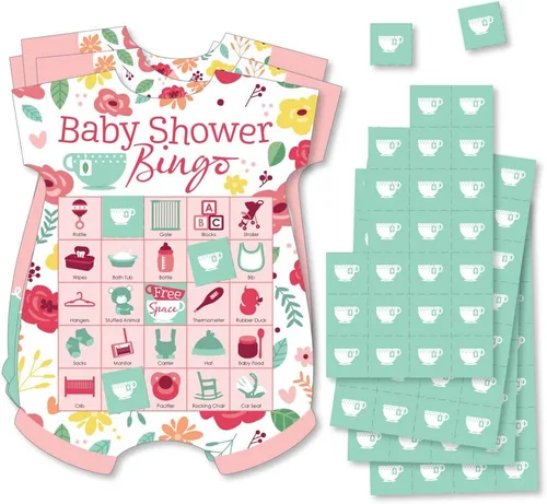 Big Dot of Happiness Floral Let's Par-Tea - Juego de 18 tarjetas de bingo con imágenes y marcadores, fiesta de té de jardín, baby shower, juego de