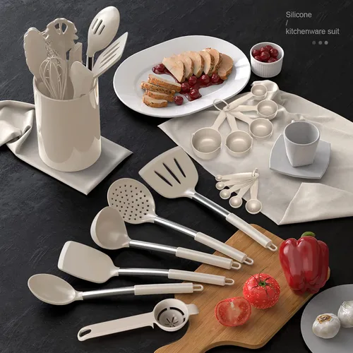 Miniatura 7 de Juego de Utensilios de Cocina de Silicona Grande - Utensilios de Cocina Resistentes al Calor, Pinzas Volteadoras, Espátula, Cuchara, Brocha, Caqui