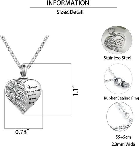 Miniatura 6 de Collar de alas de ángel guardián para cenizas, joyería de cremación con urna de cristal en forma de corazón, collar conmemorativo para cenizas