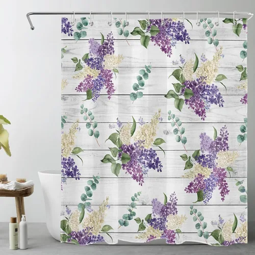 Miniatura 18 de EOBTAIN Cortina de ducha floral púrpura para baño, flores de acuarela y hojas de eucalipto verde sobre beige, cortina de ducha con 10 ganchos, juego