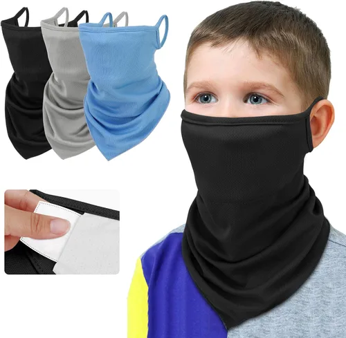 MoKo Cubrebocas tipo bandana para niños con bolsillo para filtro paquete de 3 pasamontañas para el cuello para ciclismo para niños y niñas