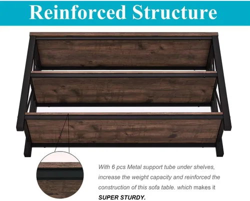 Miniatura 5 de BON AUGURE - Mesa de consola rústica detrás del sofá, mesa industrial de entrada con estantes, mesas de sofá de 3 niveles estilo granja para sala