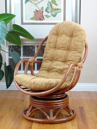 Miniatura 2 de Salón giratorio mecedora Bali silla de mimbre de ratán natural con cojín marrón claro, coñac