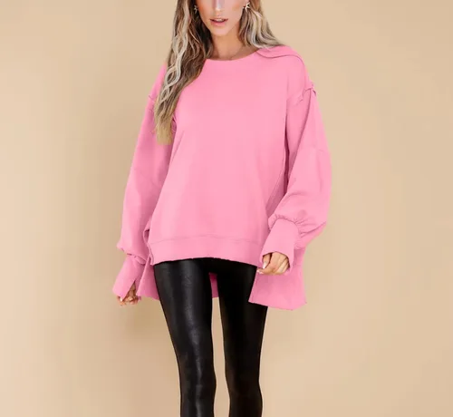 Miniatura 2 de BWQ Sudadera de gran tamaño para mujer, cuello redondo, manga larga, sin botones