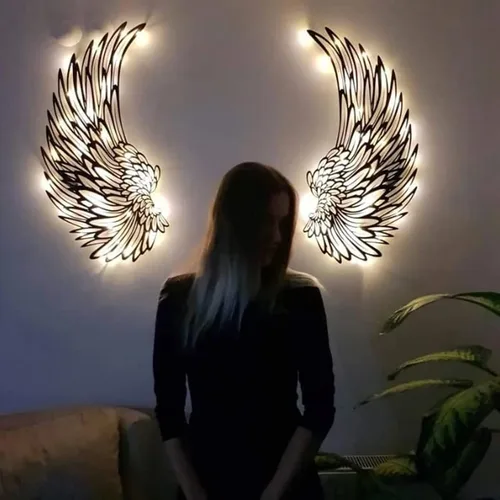 Miniatura 5 de Decoración de pared de alas de ángel de metal grandes, escultura de pared de alas de ángel LED, arte de alas brillantes para colgar en la pared
