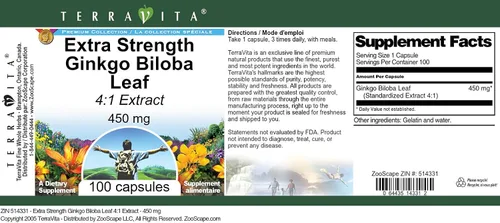 Miniatura 4 de Extracto Extra Strength Ginkgo Biloba Leaf 4:1 - 450 mg (100 Cápsulas, ZIN: 514331)