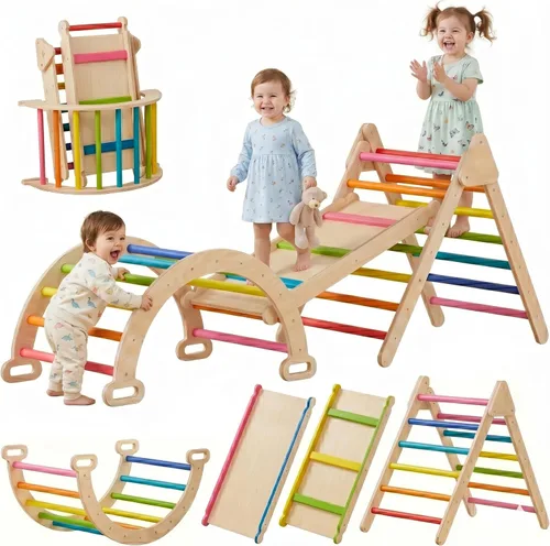 Miniatura 9 de LINKHOO Pikler Triangle Set of 3, Wooden Montessori Climbing Set for Toddlers Ages 2-6, Indoor Jungle Gyms with Arch, Ramp and Ladder, Natural