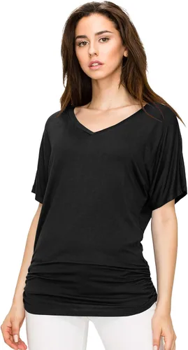 Miniatura 4 de MBJCamiseta de manga corta para mujer Barco Cuello sólido Shirring Dolman Drape parte superior