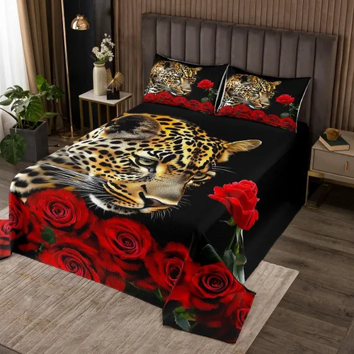Miniatura 13 de Erosebridal Juego de edredón de león, color turquesa, verde azulado, rosa para mujeres y hombres, juego de colcha de flores de animales salvajes