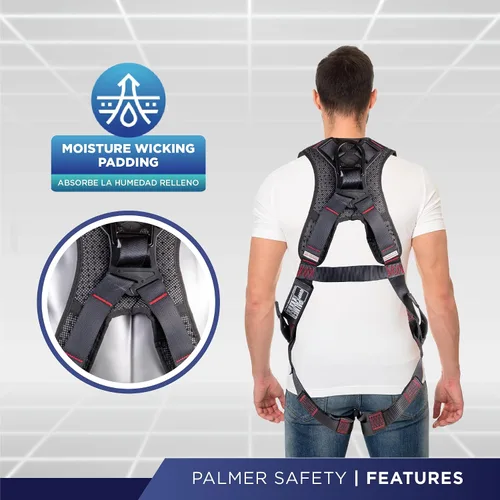 Miniatura 4 de Palmer Safety - Arnés de seguridad de cuerpo completo con ajuste de 5 puntos, anillo en D dorsal, piernas con ojales, dos anillos en D laterales e