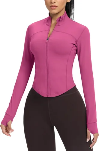 Miniatura 54 de AVGO Chaquetas de entrenamiento recortadas para mujer, con cremallera, ajustadas, atléticas, con agujeros para el pulgar