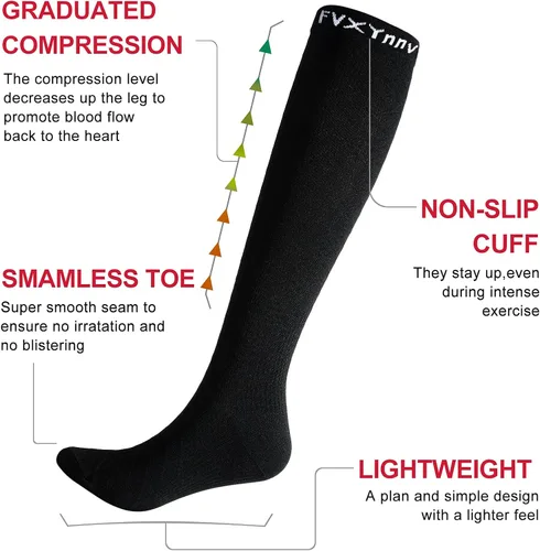 Miniatura 3 de 3 pares de calcetines de compresión graduados de 20 a 30 mmHg medias altas hasta la rodilla negras para hombres y mujeres, viajes en avión, correr