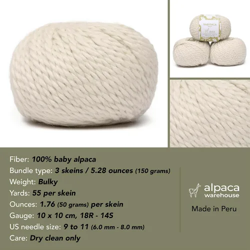 Miniatura 3 de 100 % lana de alpaca bebé en peso voluminoso - Celestialmente suave y perfecta para tejer y hacer crochet (Blanco Alabastro, Voluminoso - 3 madejas)