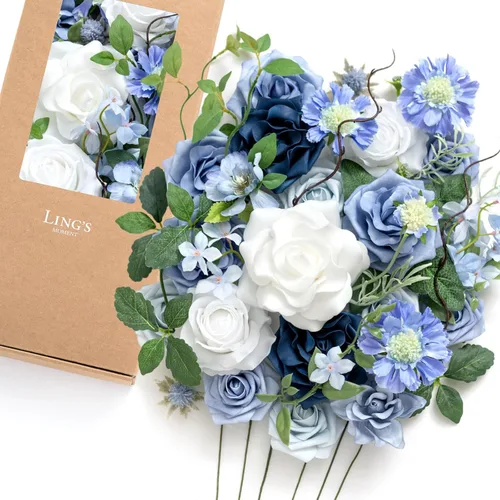 Miniatura 40 de Ling's moment Caja de Flores Falsas, Tallos de Vegetación Artificial Falsa Rosas de Espuma Dalias de Seda Hojas de Rosa Flor de Tela para Centros