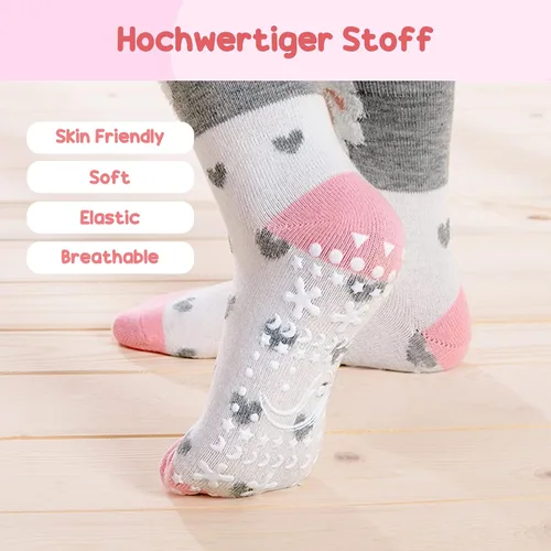Miniatura 4 de Hellomamma Calcetines de algodón antideslizantes para niños pequeños, calcetines de tripulación de animales lindos con agarres, calcetines