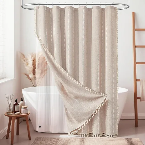 Miniatura 24 de BTTN - Cortina de ducha bohemia para cubículo de 36x72 - Juego de cortina de lino estrecha ultra gruesa con rayas y borlas, con 6 ganchos, cortinas