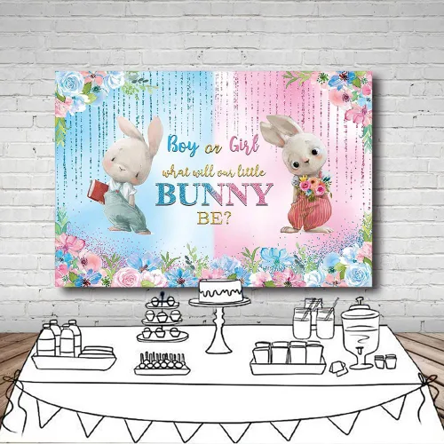 Miniatura 4 de MEHOFOND Telón de fondo de primavera de conejo de Pascua para revelación de género para niño o niña, con texto en inglés "What Will Our Little Bunny