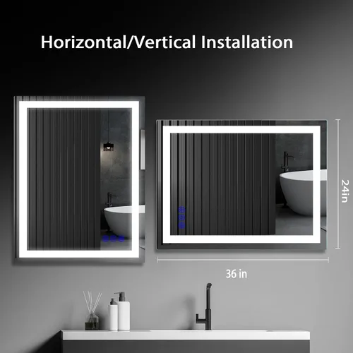 Miniatura 5 de Espejo de baño LED de 24 x 36 pulgadas, espejo de maquillaje con iluminación frontal, 3 colores regulables, antiniebla, CRI 95+, función de memoria