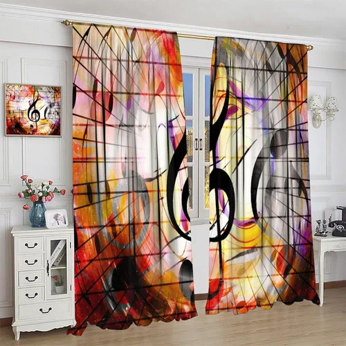 Miniatura 4 de Cortinas de notas musicales, rústicas, mágicas, notas musicales, arte retro, piano y violín, cortina con bolsillo para barra para dormitorio, sala