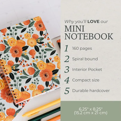 Miniatura 5 de Steel Mill & Co - Cuaderno de espiral mini lindo, 8.25" x 6.25", diario con tapa dura y 160 páginas forradas, diseño floral naranja Anaranjado floral
