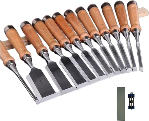DEEG Juego de herramientas de cincel de madera de 12 piezas, kit de cincel de tallado de carpintería con estuche de madera prémium para carpintero,