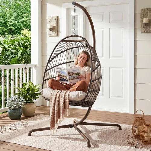 Miniatura 12 de RADIATA Silla de huevo para exteriores con soporte, 350 libras, silla colgante resistente con cojín acolchado, hamaca plegable de ratán resistente a
