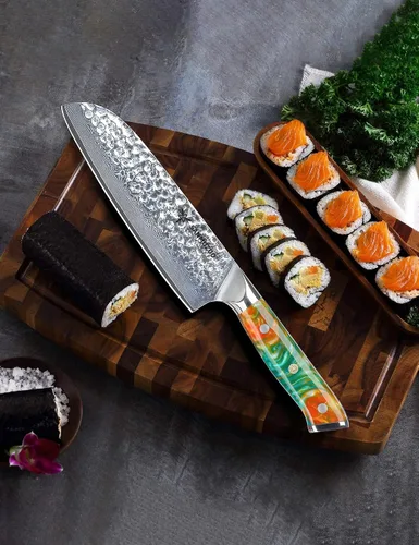 Miniatura 5 de Cuchillo Santoku de 7" - Cuchillo de chef japonés - Acero de Damasco martillado y mango de resina - Serie YAO