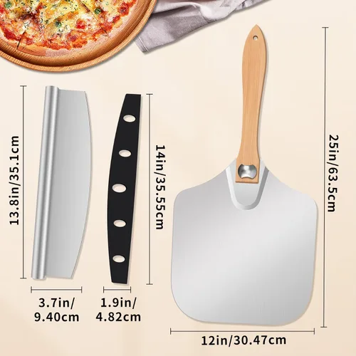 Miniatura 2 de MOVNO - Espátula de aluminio para pizza, pala de pizza de metal de 12 pulgadas (12 x 14 pulgadas) con cortador basculante, mango de madera plegable