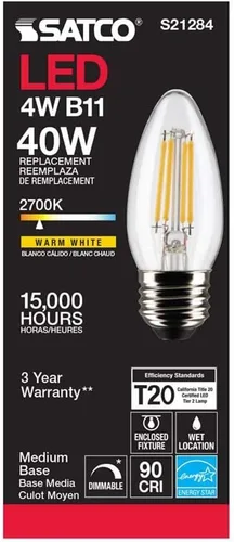 Miniatura 5 de Satco S21284 B11 - Bombilla LED de filamento para vela, acabado transparente, 4 W, 120 V, 2700 K, blanco cálido, 350 lúmenes, base media E26