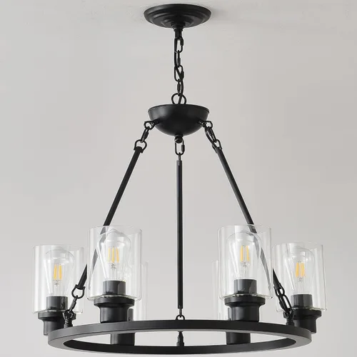 Candelabro de rueda de carro negro de 6 luces, accesorio de iluminación de vidrio de granja moderna, lámpara colgante industrial redonda de 24