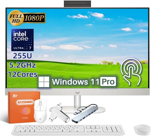 HP PC de escritorio todo en uno con pantalla táctil de 27 pulgadas, Intel Ultra 7 255U (hasta 5.2 GHz, 12 núcleos), pantalla táctil FHD de 27