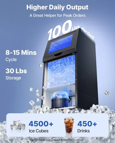 Miniatura 2 de VEVOR Máquina comercial para hacer hielo, 100 lbs/24h con capacidad de almacenamiento de 30 libras, integrada/independiente/debajo del mostrador