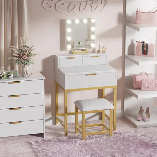 Miniatura 8 de BOLUO Tocador Dorado de Maquillaje con Espejo de Hollywood y Luces, Juego de Tocador para Niñas con Taburete, Mesa de Maquillaje Compacta