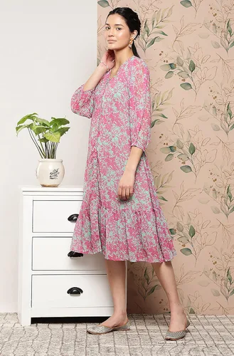 Miniatura 4 de Janasya Vestido occidental de Georgette rosa con estampado floral para mujer india