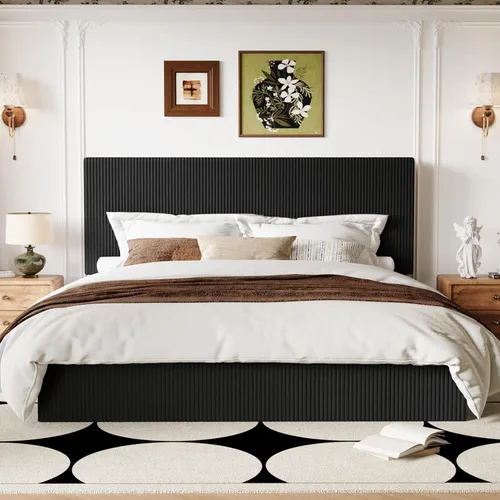 Miniatura 13 de Allewie Base de cama matrimonial, cama tapizada, cabecera capitoné de canal vertical ajustable, tela de pana, perfil bajo moderno, listones
