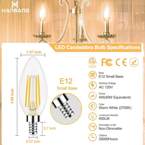 Miniatura 3 de Bombilla LED E12 para candelabro, 2700 K, blanco cálido, equivalente a 40 W, bombillas tipo B con forma de vela de 4 W, bombilla LED B11 para Luz