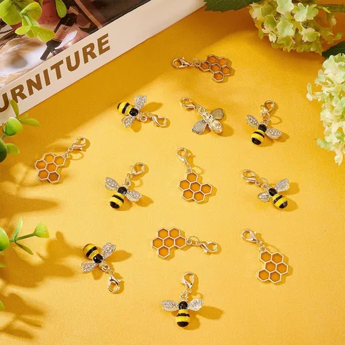 Miniatura 5 de BENECREAT 24 colgantes de aleación de abejas y panal de abeja con cierre de mosquetón de aleación de zinc y anillos de salto abiertos de hierro