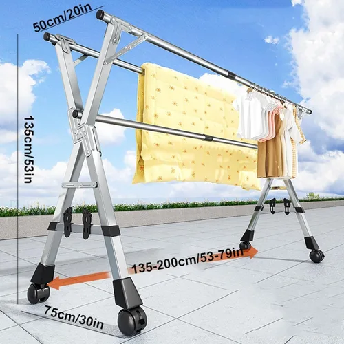 Miniatura 4 de Estante de secado de ropa de 94 pulgadas, estante de ropa de acero inoxidable para lavandería, plegable, ajustable, estante de secado portátil